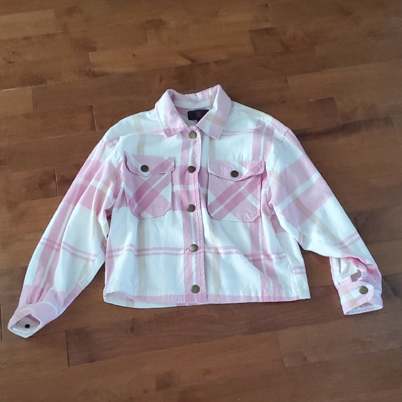 NOBO Tops - Oversized Flannel NOBO Pink and White Plaid Crop Top